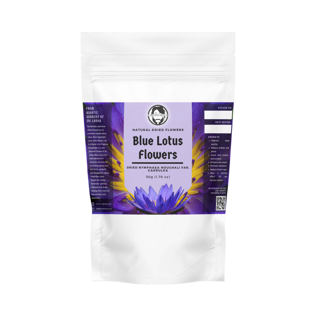 Package of blue lotus flowers with a purple label on a white background